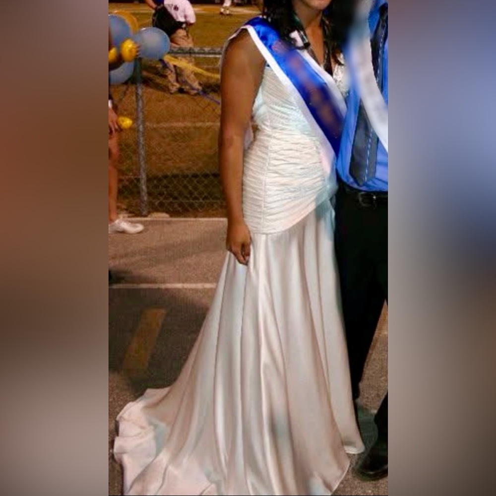 Sherri Hill Elegant White Pageant Gown w/ Large Blue & Clear Rhinestones - Picture 17 of 17